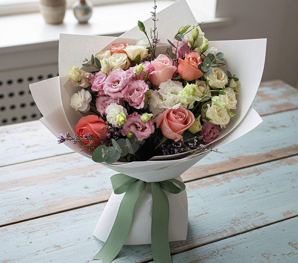 Букет цветов из: Розы, Лизиантусы и Гвоздики в Оленегорске