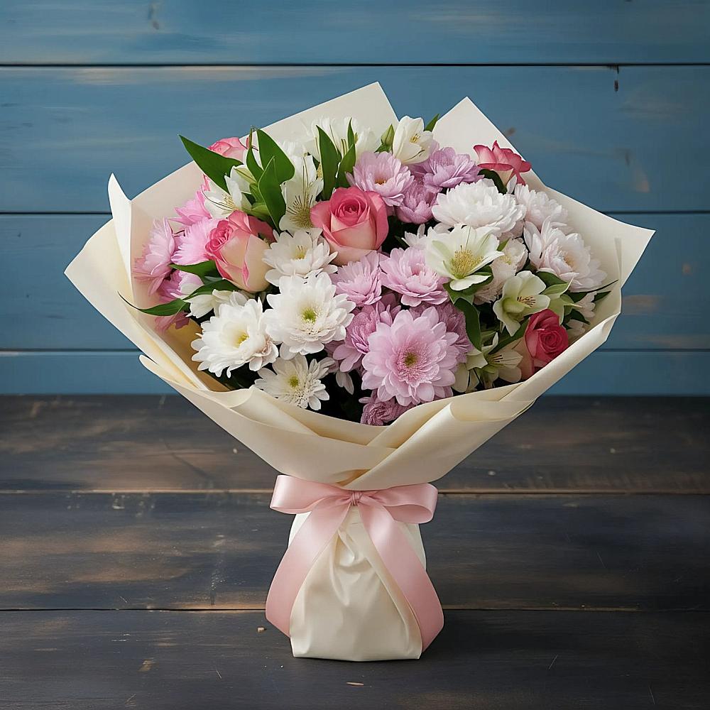 Букет цветов из: Хризантемы, Альстромерии и Розы в Оленегорске